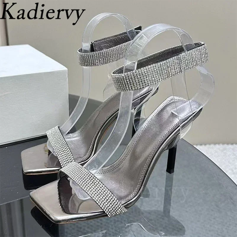 Sandalias de gladiador de tacón alto para mujer, zapatos de boda con correa en el tobillo y diamantes de imitación brillantes, sandalias de cristal de aguja para verano