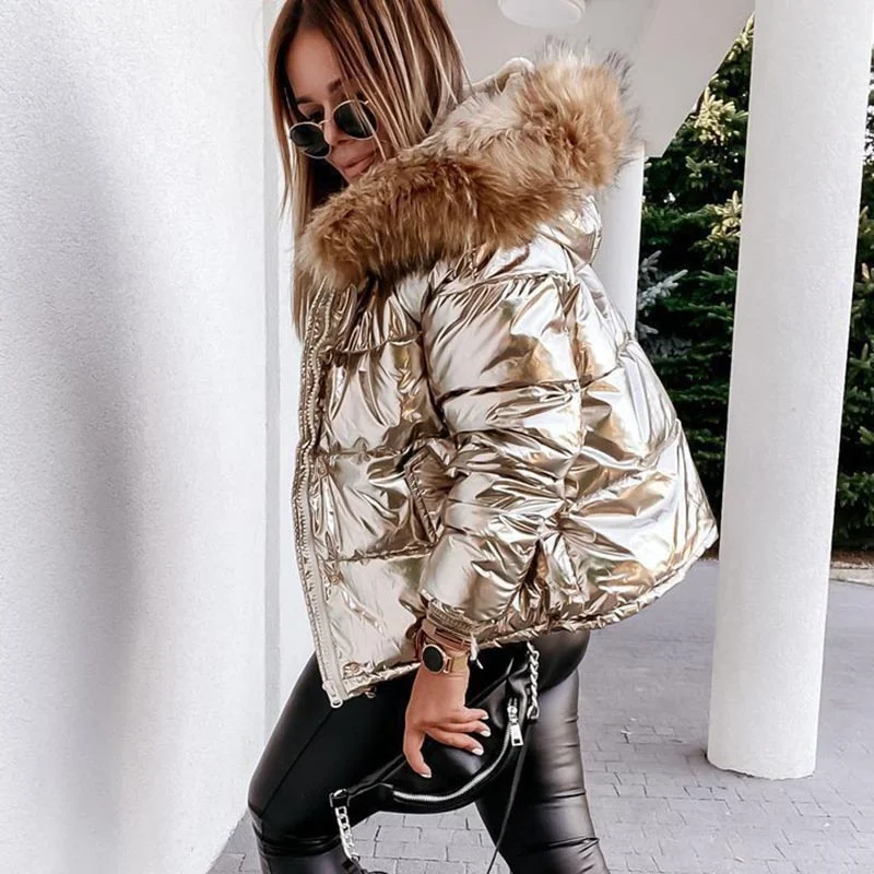 2022 Winter Luxe Shiny Losse Jas Vrouwen Bontkraag Capuchon Parka Vrouwelijke Nieuwe Fluwelen Dikke Warme Beneden Katoen Jassen Oversized