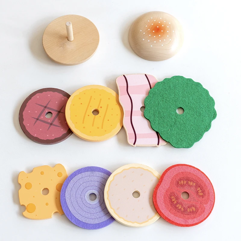 ชุดของเล่นอาหารฟาสต์ฟู้ดแฮมเบอร์เกอร์ไม้ - เหมาะสำหรับเด็กเล่นบทบาทสมมติในครัว ฝึกทักษะการเคลื่อนไหวอย่างละเอียด และการเล่นแบบสังคม