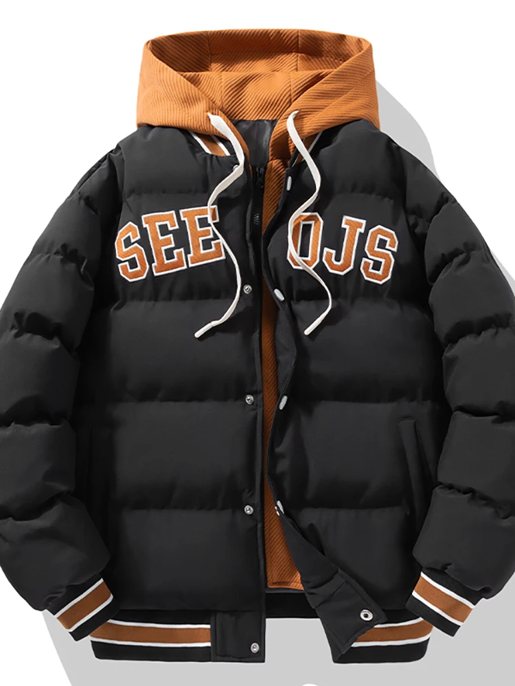 

Men's Loose Fit Thiened down Cotton Jaet Winter Warmth Youth Faion Printed Hooded Long Sve Regular Length Button Clo...