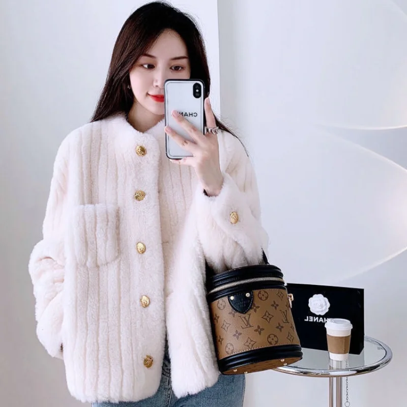 2023 New Autumn Winter Small Fragrant Lamb Fur Coat Female Stand Collar Sheep Shearling Fur Onecardigan Loose Coat Winter Short