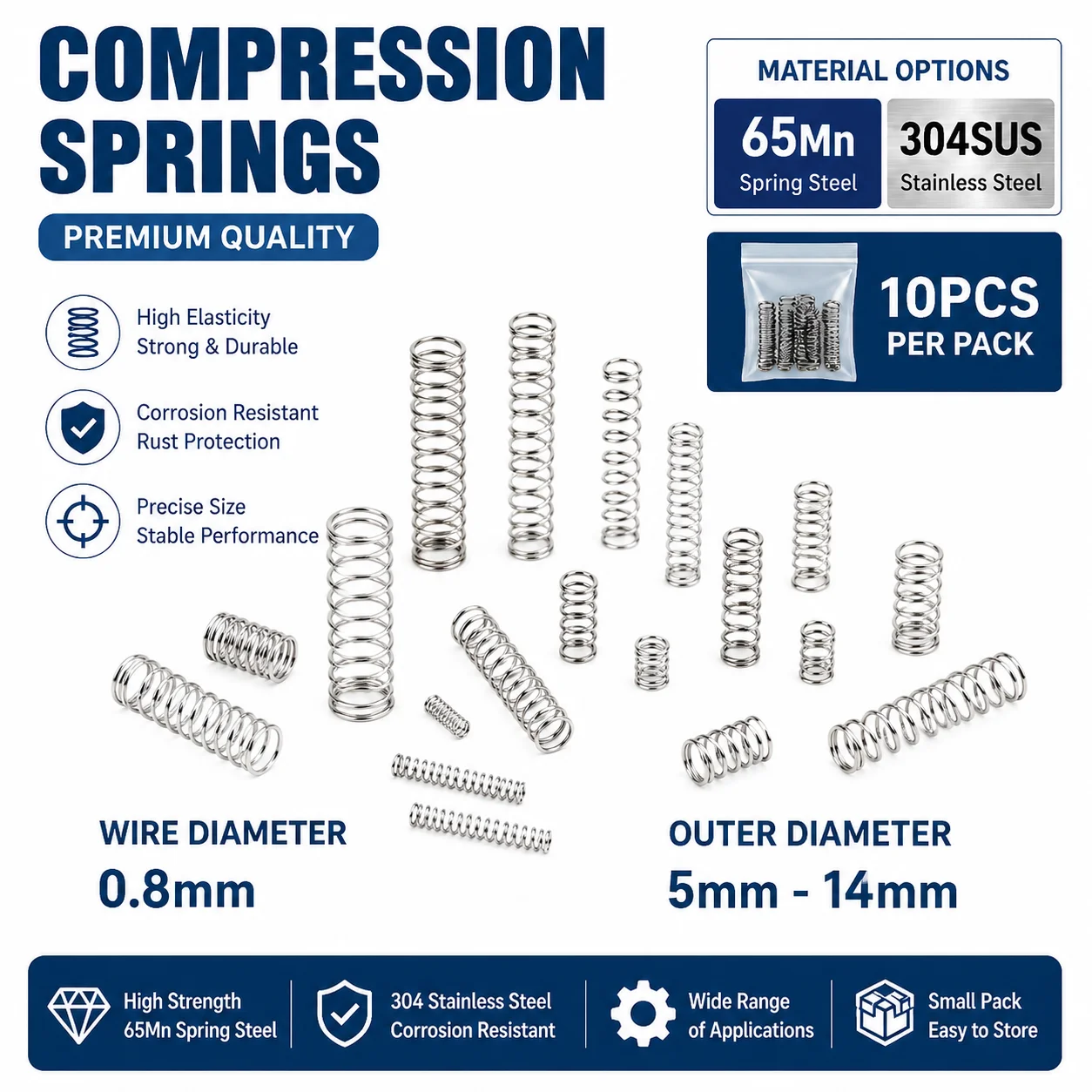 

10pcs of small diameter spring, WD 0.8mm, OD 5-14mm, Length 10-50mm,304SUS/65MN helical compression spring