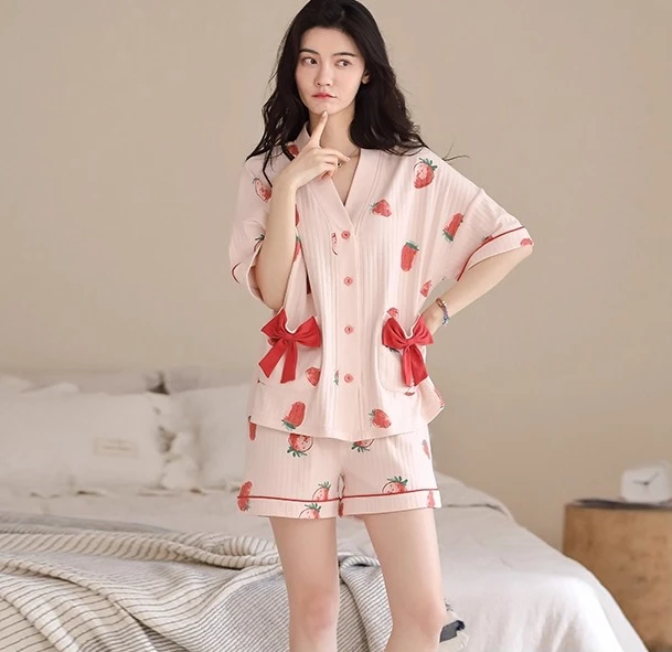 2025 Summer Women M-4XL Cotton Strawberry Print Loose Cardigan Shorts Two-piece Set Cute Bow Short Sleeve V-Neck Loose Homewear