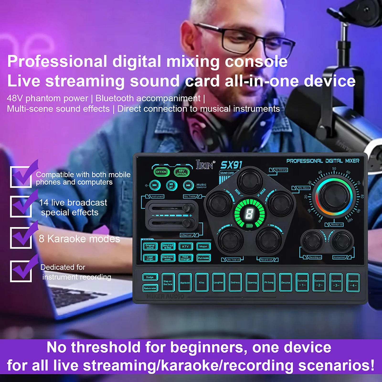 IRIN SX91 Audio Mixer Sound Card with Voice Changer Mixer Sound Card for Phone Gaming Karaoke Studio Live Streaming Podcast