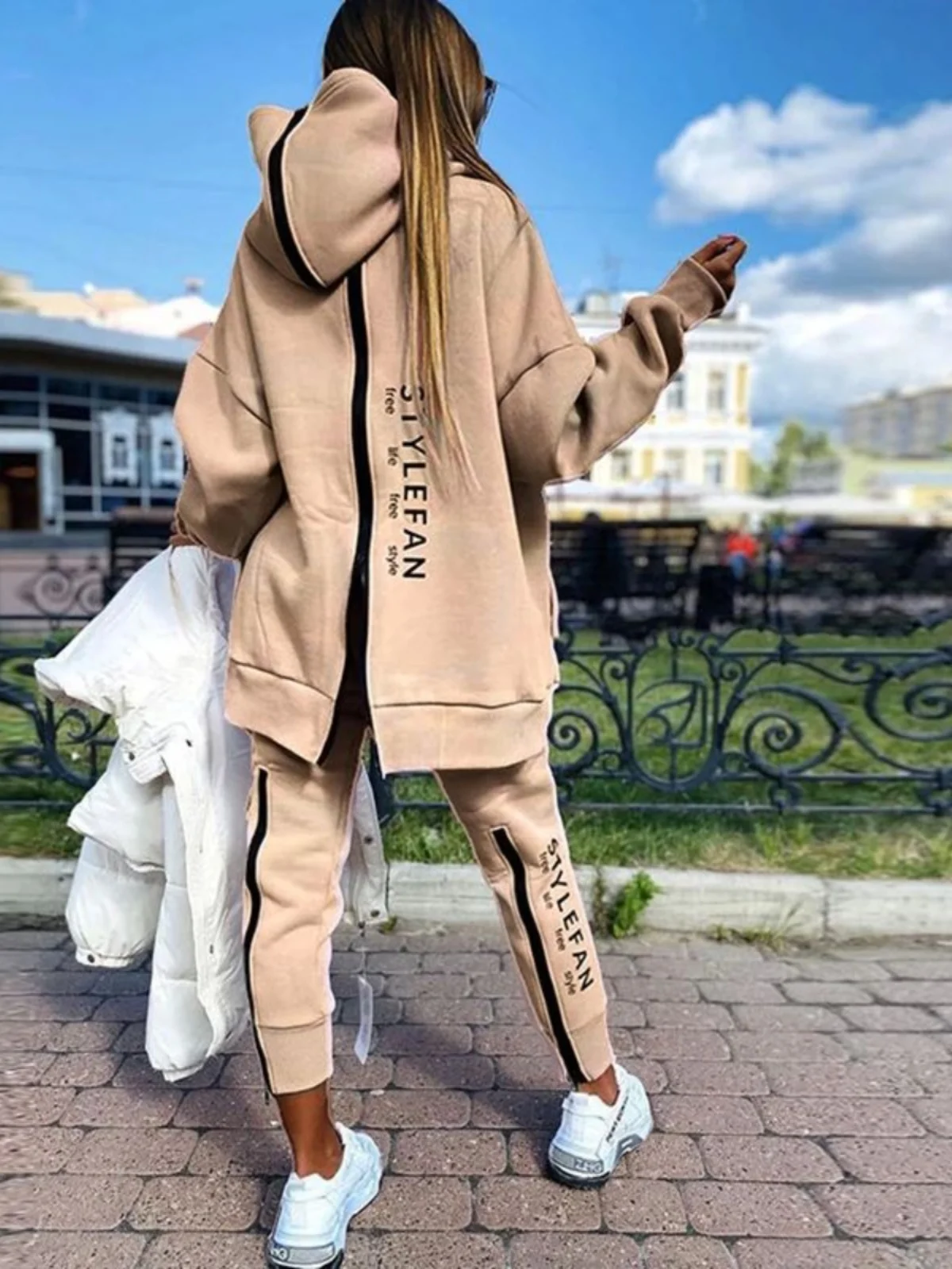 

Брючный костюм с капюшоном на молнии спереди и с буквенным принтом, длинные брюки, комплект из двух предметов, повседневная спортивная одежда, длинный свеч V-Ne