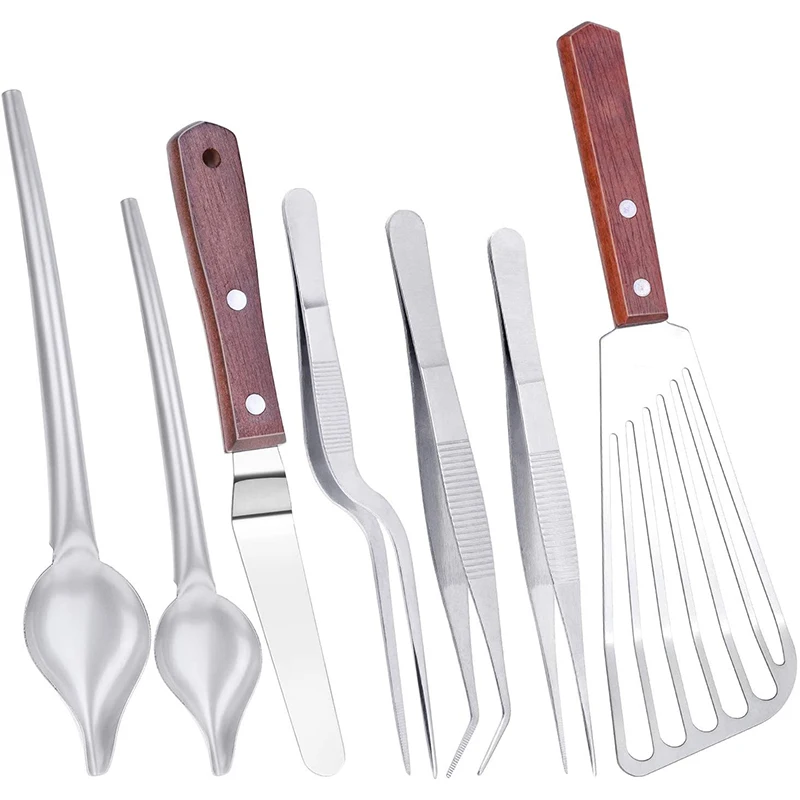 7Pcs Stainless Steel Cooking Tweezers Precision Tongs with Serrated Tips, Fish Spatula, Drawing Spoons for Plates Decorating