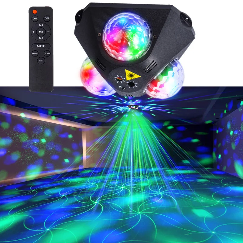 Party Lights Dj 3-Head Disco Ball Light with Pattern Projection and Sound Control with Remote Control Laser Light Rgb Colorful Background Light
