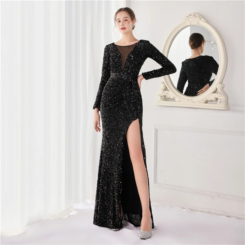 Damen Pailletten-Meerjungfrauen-Abendkleid, bodenlanges, glitzerndes Kleid, elegantes Königinnen-Design, für Bankette, Partys, Abschlussbälle, Cocktailpartys, formelle Anlässe und Galas – Detail 1