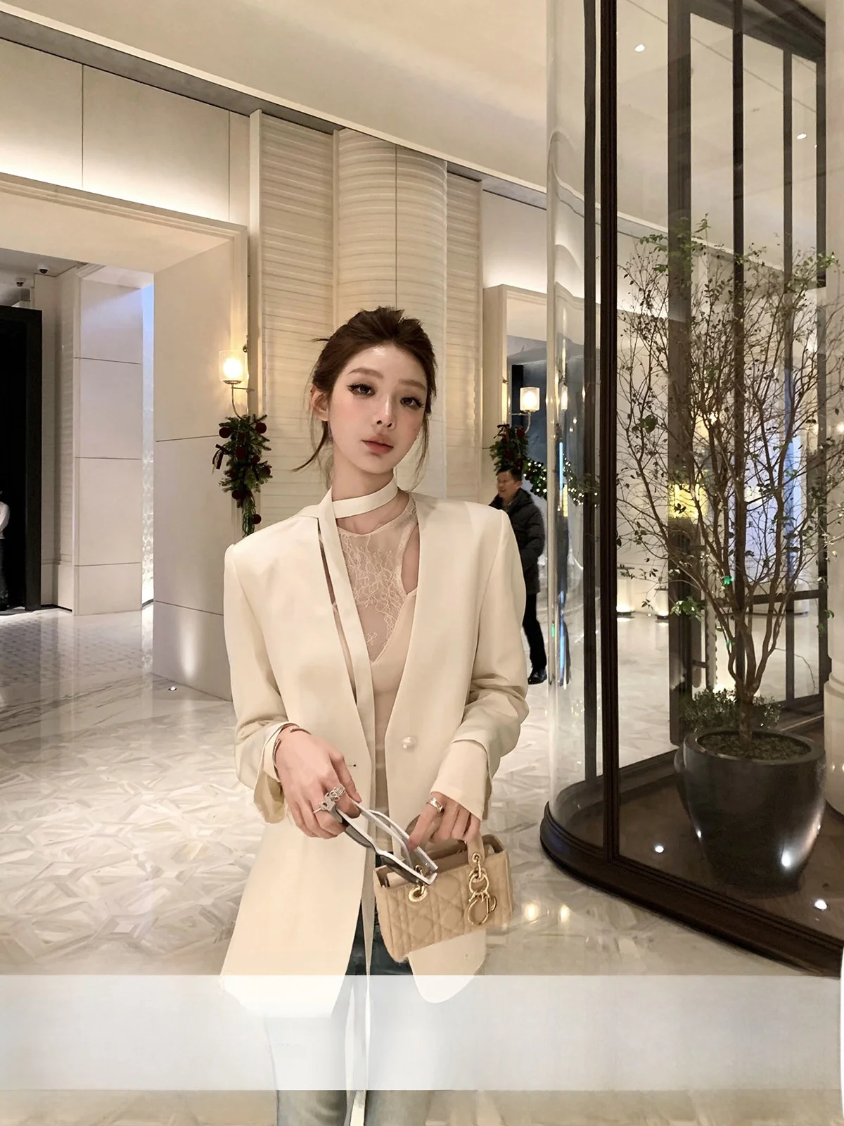 YOLI Zhang Yuli White Sa Suit Jaet Women's Commute High-End Versatile Top Stand Fit Polyester Fiber Daily Wear