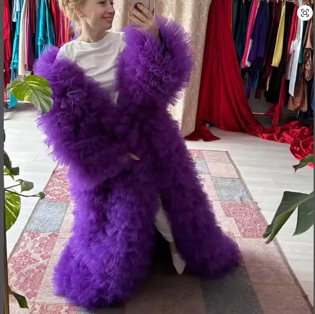 Mantello con volant Cappotto lungo da donna Giacca in tulle a maniche lunghe con strascico Abito con volant Kimino extra gonfio personalizzato