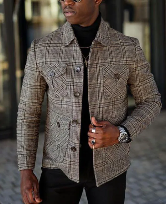 

Men's Daily Multi-Pocket Turndown Collar Buttons Plaid Jacket
