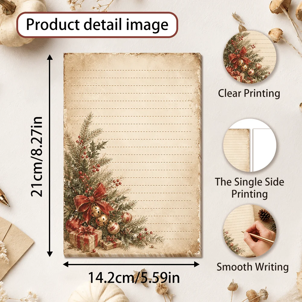 50 Sheets,  Vintage Christmas Tree Gift Writing Paper, Lined, Adhesive-free, Very Suitable For Notebooks, Memos, And Stickers