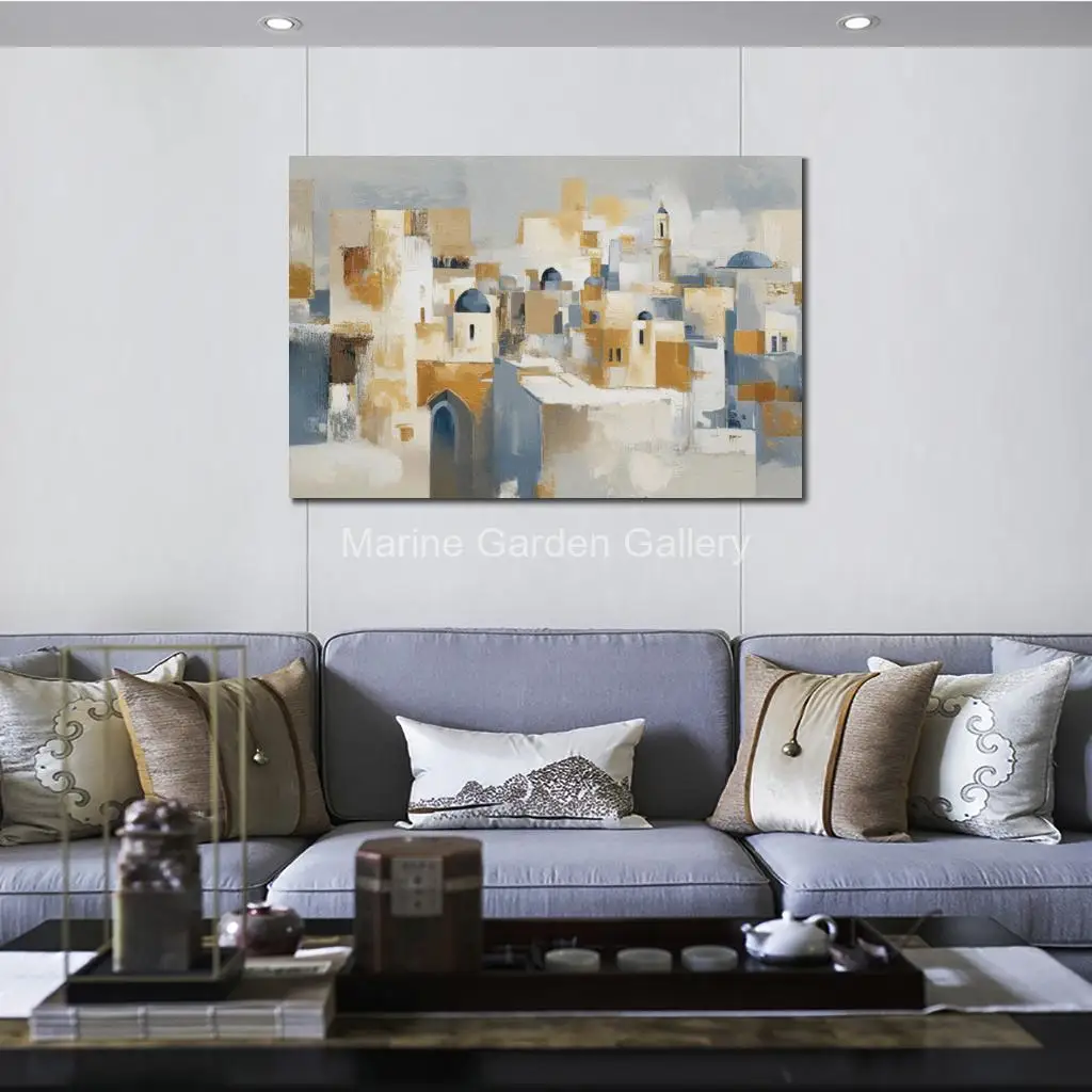Textured David Tower Oil Painting Handmade Jerusalem Landscape Canvas Large Abstract Wall Art for Modern Living Room Jewish Gift