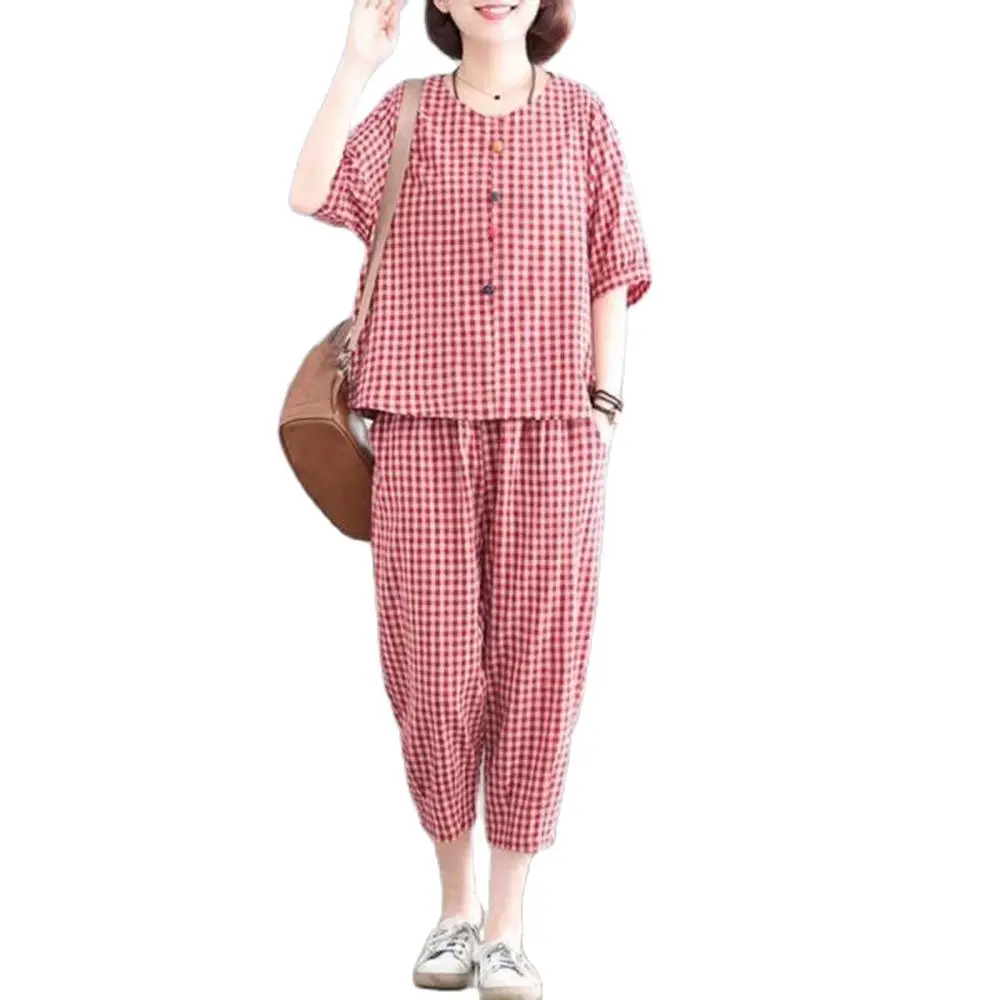 Middle-aged Women's Two-piece Set 2023 Summer Wear large Vintage Top Casual Cropped Pants Plaid Suit For Women Pants Set 4XL