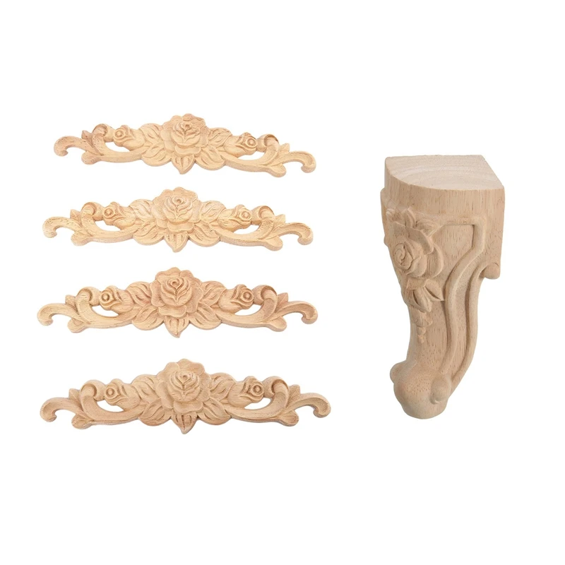 4Pcs 20 X 5Cm Rubber Wood Carved Long Onlay Applique Unpainted Rose Flower & 4PCS 10X6cm Wood Carved Furniture Foot Legs