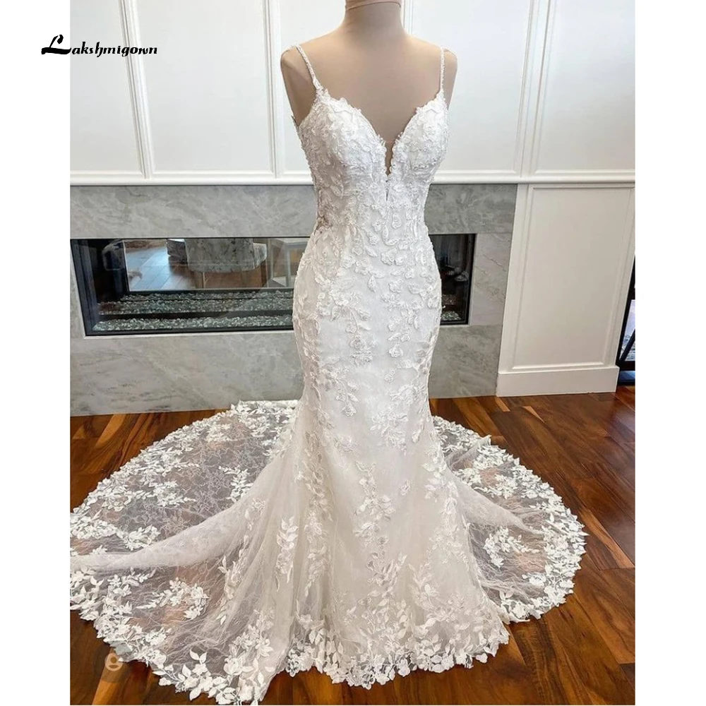 Lakshmigown Spaghetti Straps Lace Mermaid Wedding Dresses Beaded Appliques Chapel Train Customized Wedding Gowns for Women