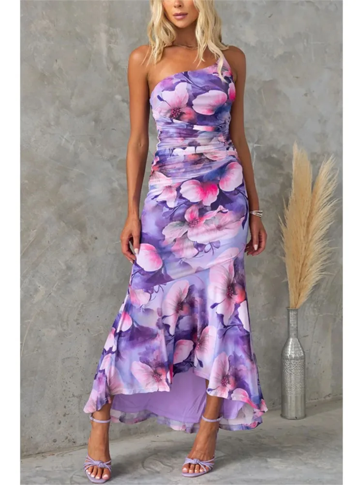 

Elegant One Shoulder Printed Long Dress For Spring Summer Womens Dresses Sexy Sleeveless Irregular Dress Casual Party Dress