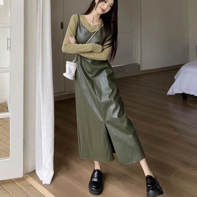 Sleeveless Leather Dresses Women Autumn Vintage Flattering Waist Retro Front Side-slit Slim-fit Female Sling Dress Solid V-neck