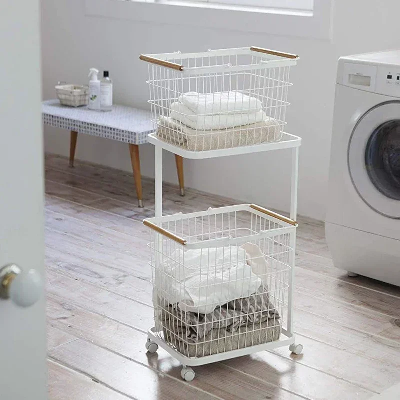 Double Layer Cloth Storage Baskets Rack Iron Laundry Storage Stand with Wheels Multi-Functional Bathroom Floor Organizer