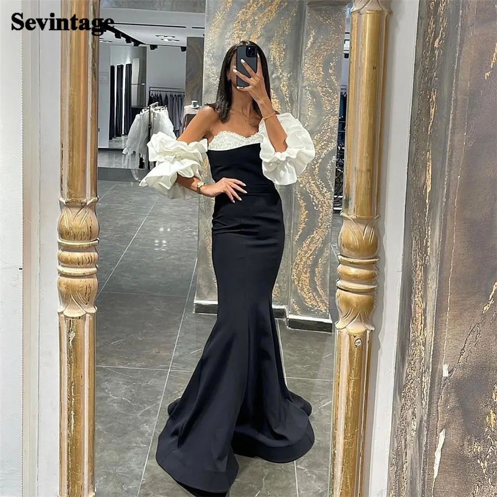 Customized Black And White Saudi Arabic Mermaid Prom Dresses Ruffles Floor Length Evening Dress Women Formal Party Gowns 2023