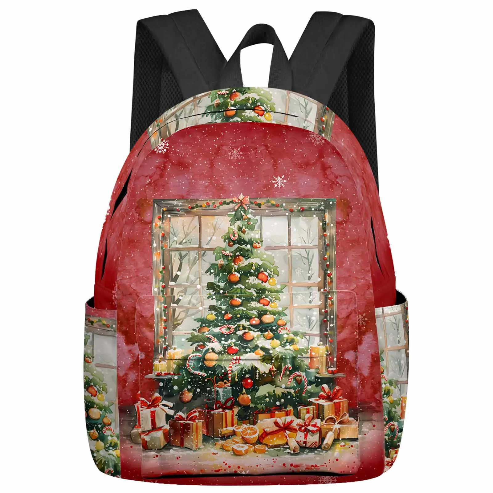 

Christmas Tree Gift Fruit Snowflakes Red Background Capacity Backpack Men Laptop Bags High School Teen College Girl Student