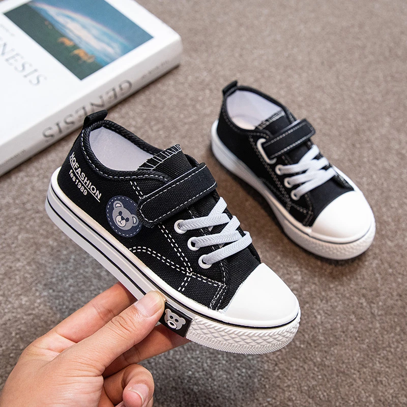 Children Canvas Shoes Boy Sneaker Bear Print Casual School Shoes 4 To 8 Years Lightweight Flat Boy Tennis Shoes