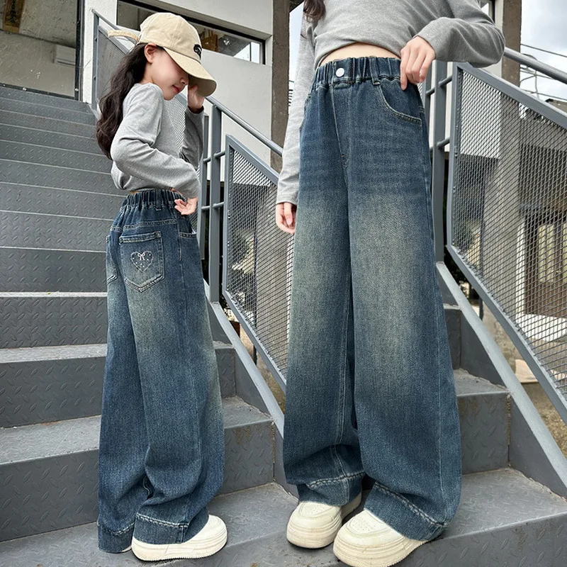 

Детские свободные прямые джинсы в стиле ретро с вышивкой в виде сердца, повседневные мешковатые брюки для детей-подростков, осенние широкие джинсовые брюки для девочек