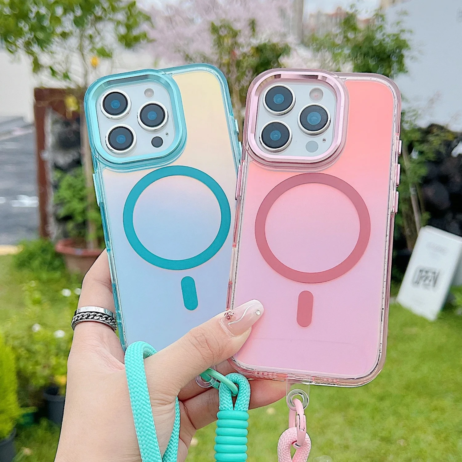 

Fashion Laser Gradient Magnetic Lanyard Shockproof Case for iPhone 17 Air 16 15 14 13 11 12 Pro Max Plus E For Magsafe Cover