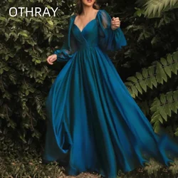 V-Neck Backless Formal Floor Length Puff Long Sleeves Gowns Pleats Chiffon For Women Elegant Blue A-Line Evening Dress