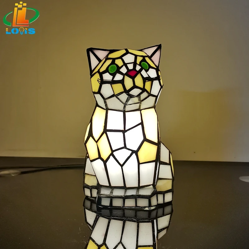 European-style Cat Animal Night Light Tiffany Glass Hand-welded Craft Birthday Gift Bedroom Bedside Decorative Sleep Lamp