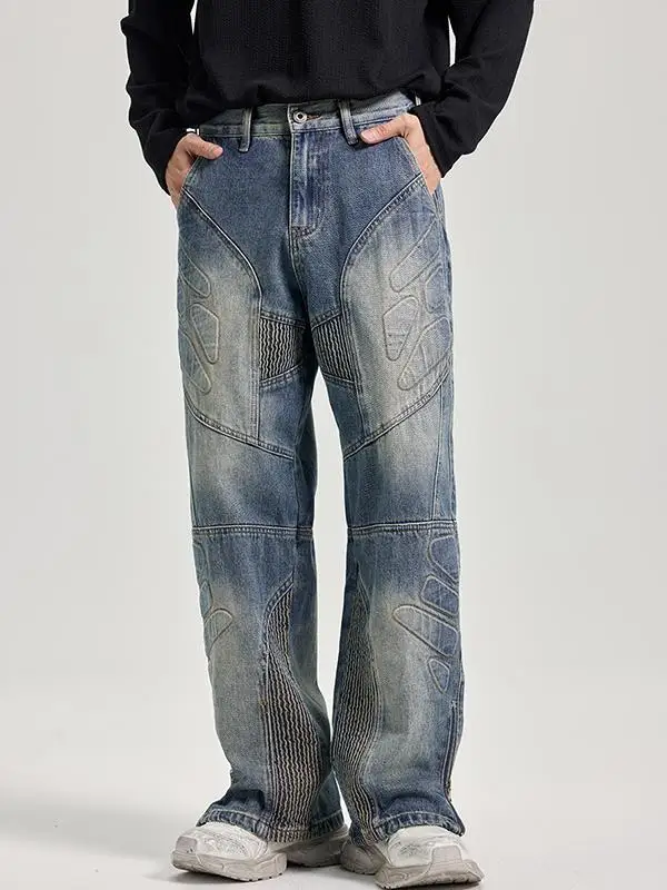 

Мужские джинсы Heavyweight Original Trendy Denim: Американский уличный стиль, высококачественный дизайн, широкие штанины, пэчворк, байкерские, осень-зима