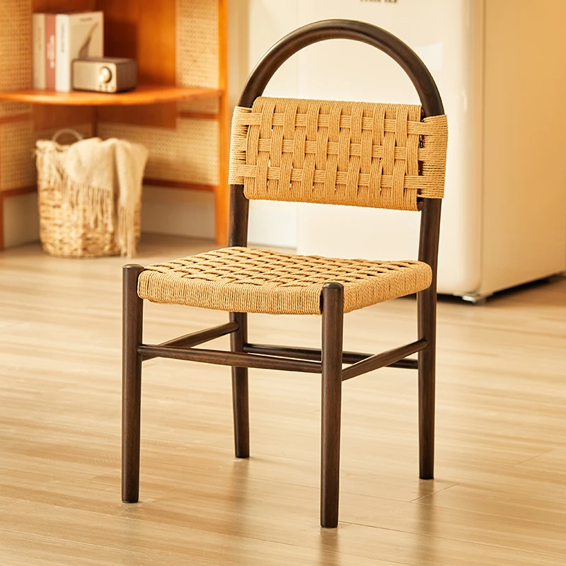 

Vintage Dining Chair Solid Oak Wood Style Seat Rustic Cloth Rattan Woven Leisure Chair for Living Room Study Chair