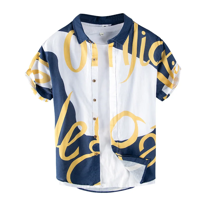 

Summer European and American style English printed shirt men's cotton and linen casual short-sleeved color matching shirt men