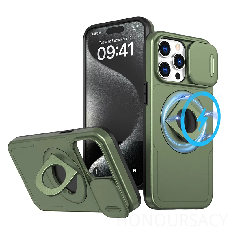 Luksusowe etui na telefon z magnetycznym mocowaniem do iPhone'a 15 14 13 12 11 Pro Max 16 Plus 17 Air z ochroną aparatu i wysuwanym uchwytem.