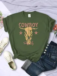 Summer Womans T-Shirts Vintage Simple Cowboy Printing Tops Breathable Soft O-Neck Short Sleeve Casual Cartoons Female Clothes