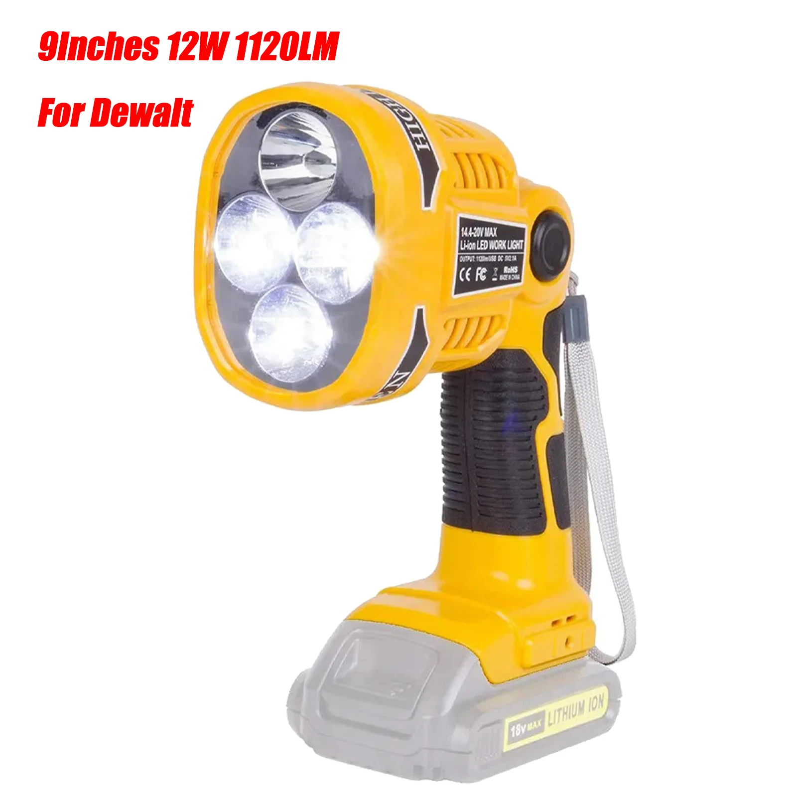 

9inches 12W 1120LM LED Work Light for Dewalt 14.4V-20V Li-ion Battery Rechargeable Lamp Outdoor Camping Portable Flashlight