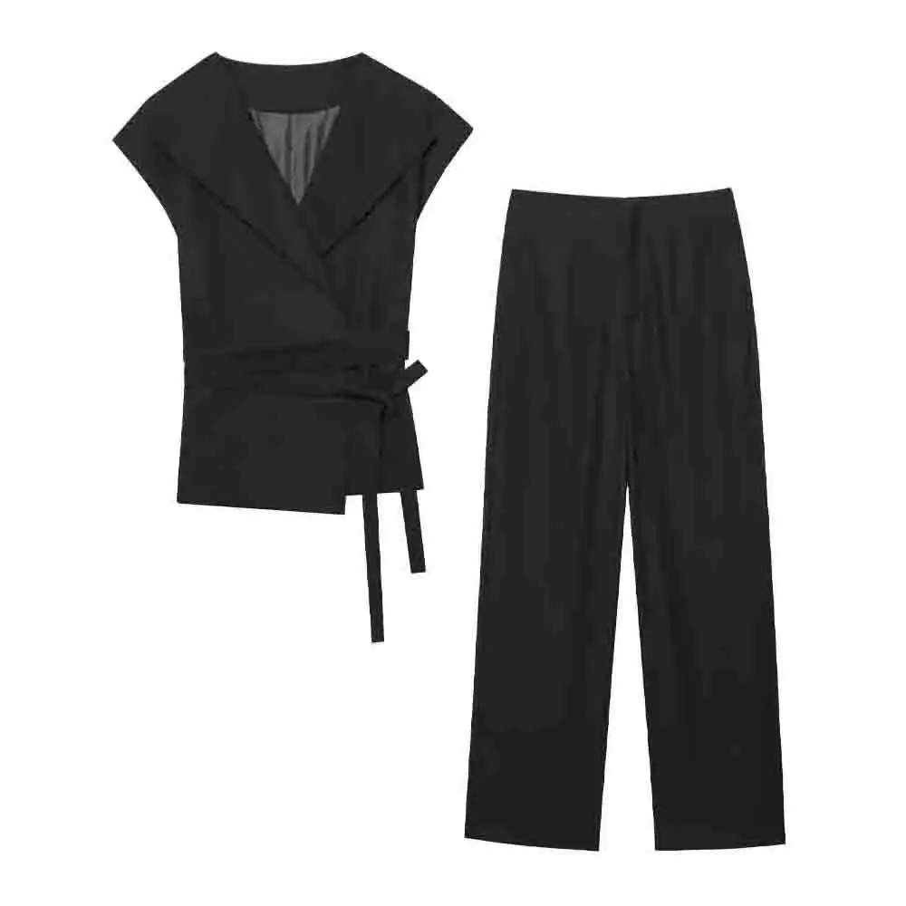 

Women's new fashion with Belt slim linen blend vest style top retro sleeveless women's vest chic top+Pants suit