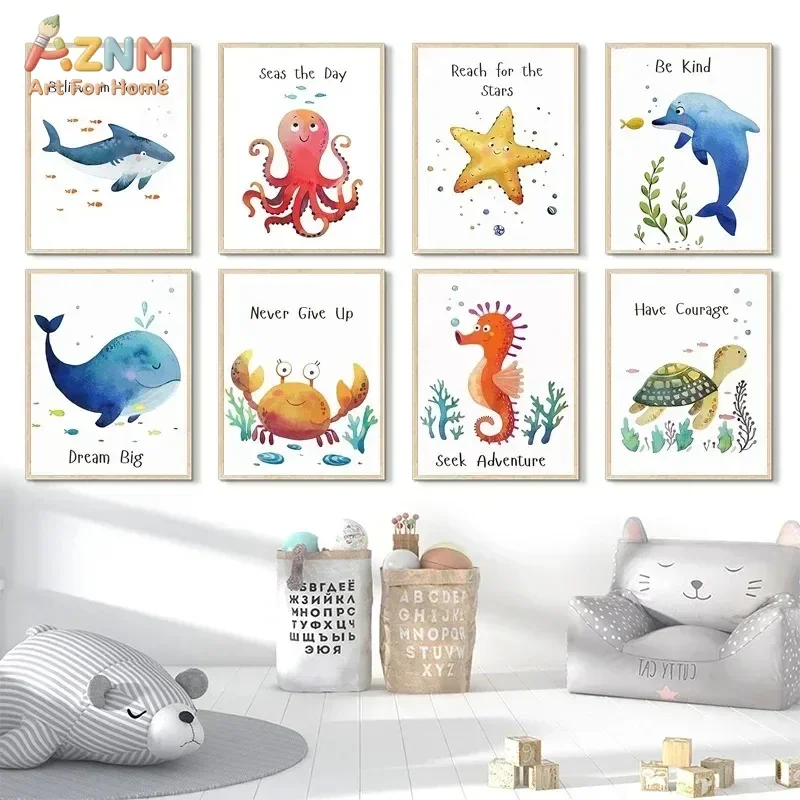 AZNM Watercolor Ocean Animal Canvas Wall Art Whale Dolphin Crab Seahorse Turtle Inspirational Quote Under Sea Nursery Unframed C