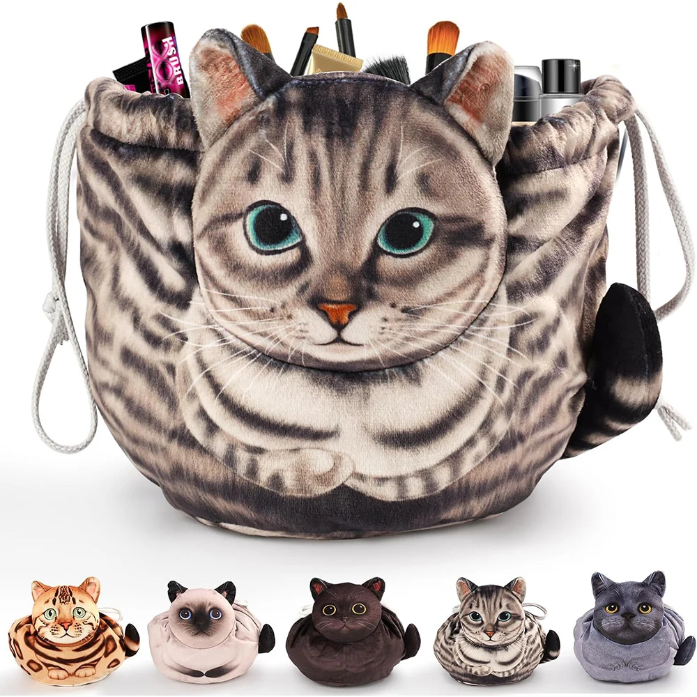 Cat-Shaped Drawstring Makeup Bag Large Capacity Portable Cosmetic Bag for Women Travel Organizer Storage Bag Skincare Pouch