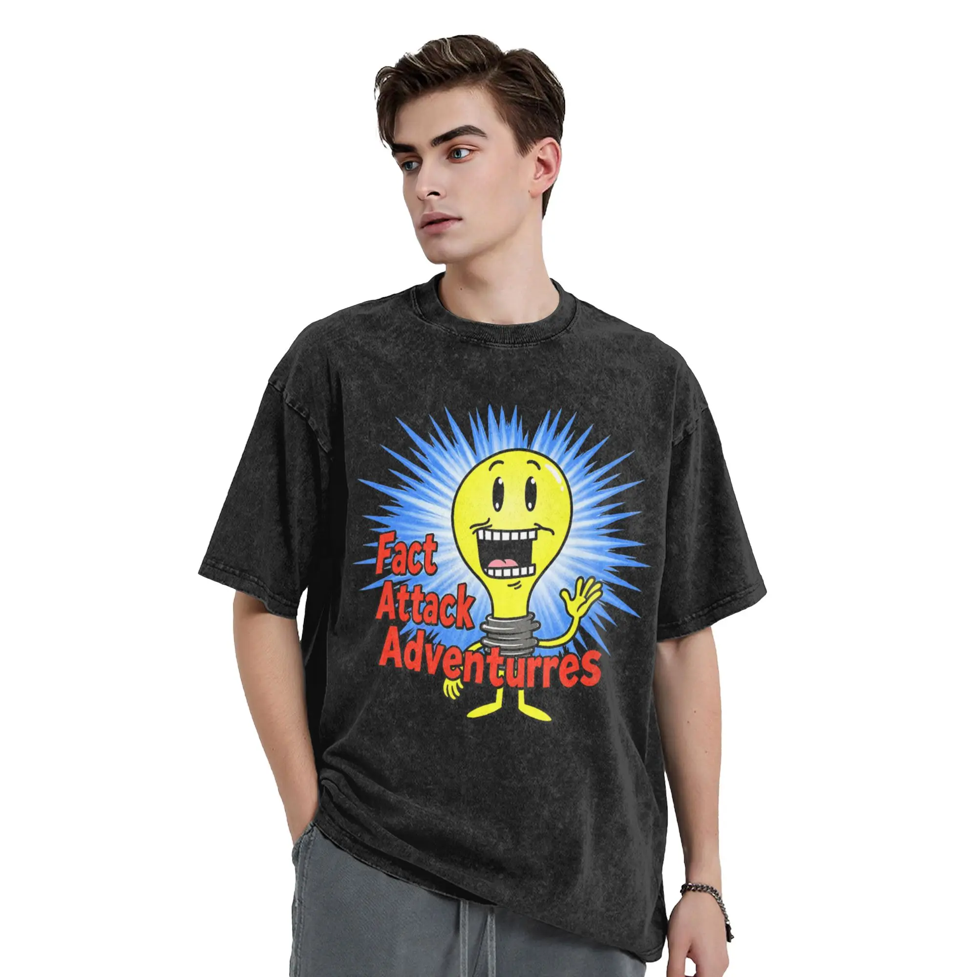 Fact Attack Adventures Washed T Shirt Man  Y2K Basic Cotton T-Shirts Summer O-Neck Trendy Cool Tee Shirt Print Big Size Tops