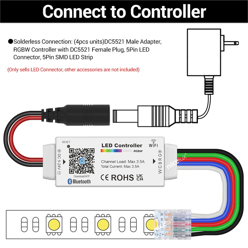 12mm Width 5 Pin LED Strip RGBW Connector L Shape Solderless LED Power Connector 5050 RGBW SMD COB LED Light Angle Connectors