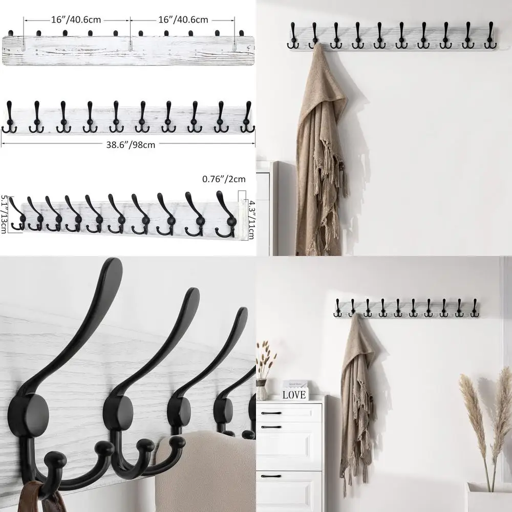 

Rustic Wooden Wall-Mounted Coat Rack, 38.3 Long, 10 Hooks, Weathered White Finish
