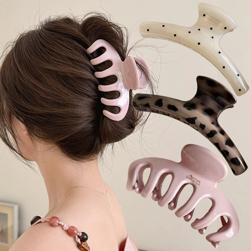 Pinces à cheveux coréennes de grande taille en acrylique, style os de dragon, pince à cheveux en forme de requin, style français à pois, accessoires pour cheveux en arrière de la tête.