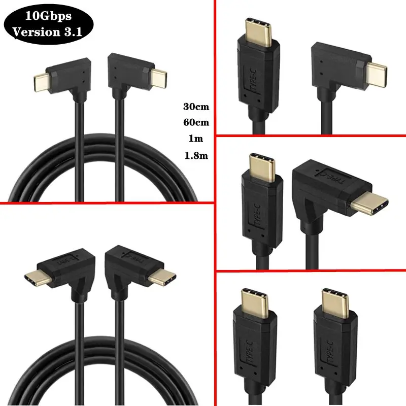 30cm 60cm 1m 1.8m 3A Standard 15+1 Core 10Gbps Speed 90 ° Bend Gold-plated USB 3.1 Type-C Male to Male Data Charging Cable