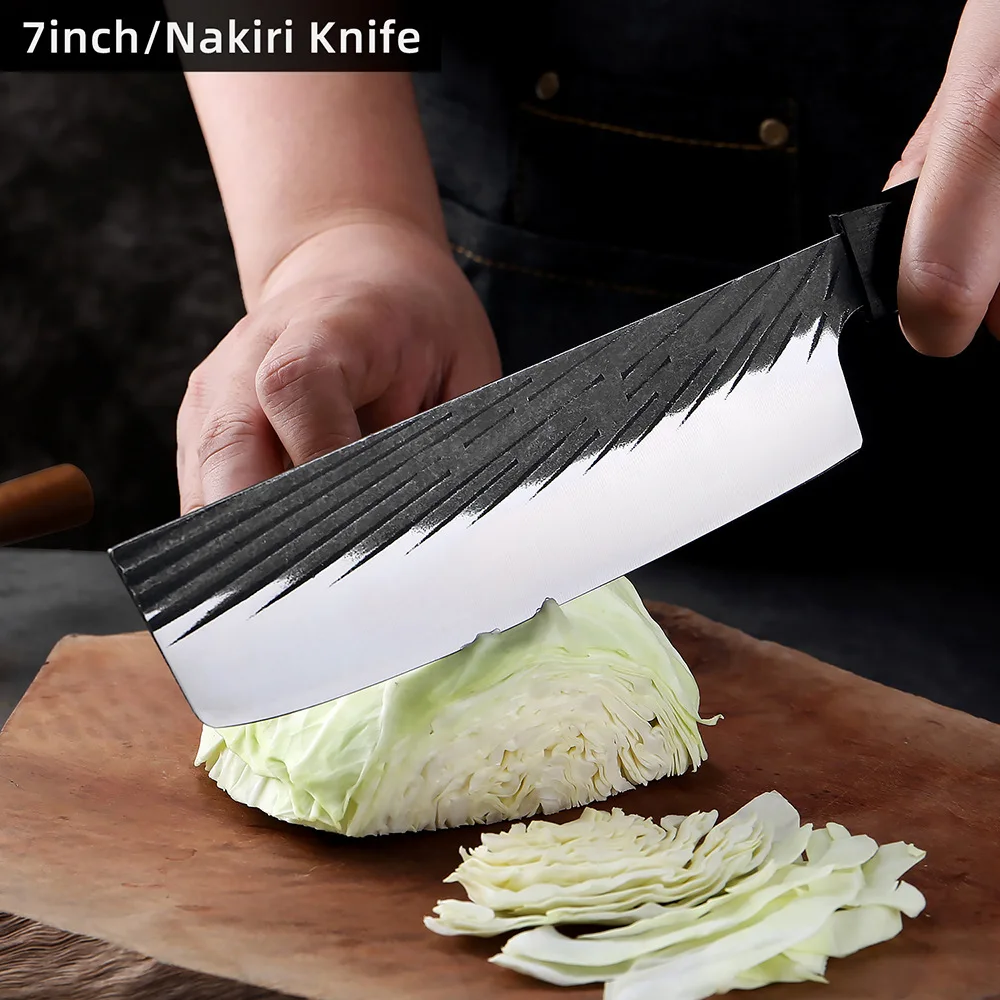 WILDMOK Professional Nakiri Forged Knife, Ebony Wood Octagonal Handle-Sharp Slicing & Meat Cleaver Chef's Kitchen Tool