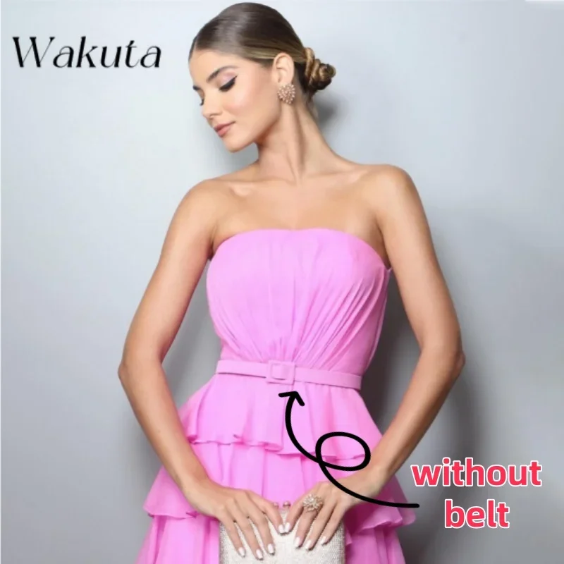 Wakuta Sexy Strapless Chiffon Ball Vestidos Elegante Mujer Solid Layered Modern Style Evening Dresses Without Belt فساتين السهرة