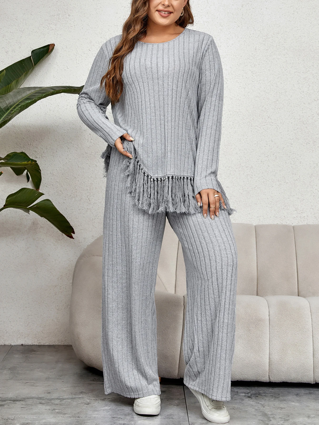 KEBY ZJ Plus Size Women Home Style Two Piece Outfit Fall Casual O-Neck Long Sleeve Tassel Hem Tops with Wide Leg Pants Sets