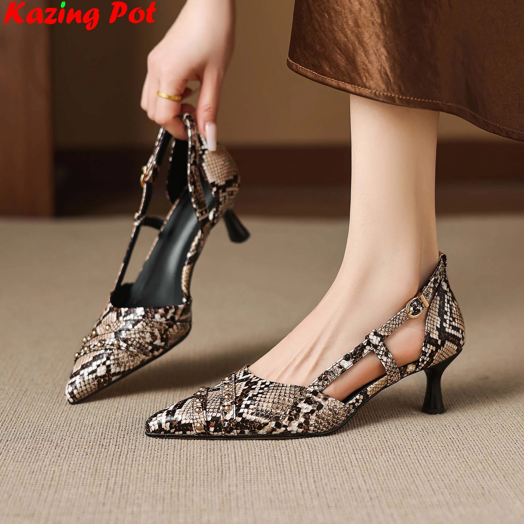 Große Größen 34-43 Kuhleder Spitze High Heels Flache Frühling-Herbst-Schuhe mit Nieten Dating Schlangenmuster Party Ins Damen Pumps