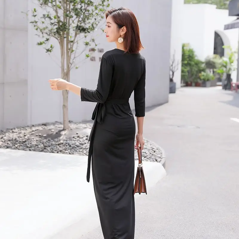 

Women's Black One-Piece Maxi Dress with Open Front Waist Belt, Stylish, Monochromatic, Slimming Effect, Elegant