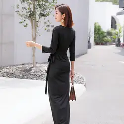 Women's Black One-Piece Maxi Dress with Open Front Waist Belt, Stylish, Monochromatic, Slimming Effect, Elegant